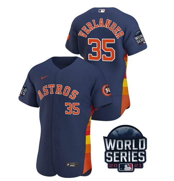 Men's Houston Astros #35 Justin Verlander 2021 White World Series Flex Base Stitched Baseball Jersey